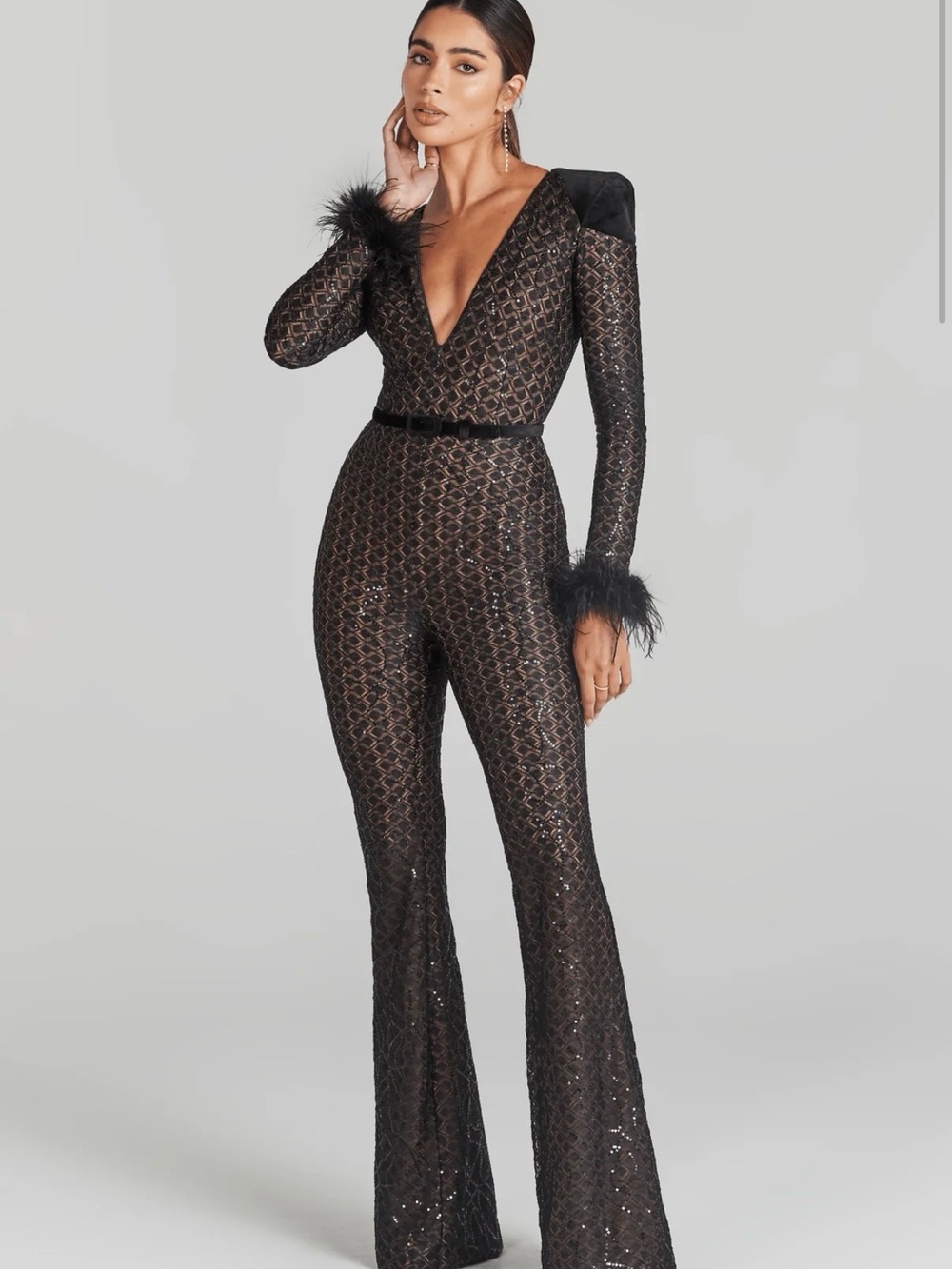 NADINE MERABI RACHEL Black Sequined Plunge V-Neck Jumpsuit with Feather Cuffs
